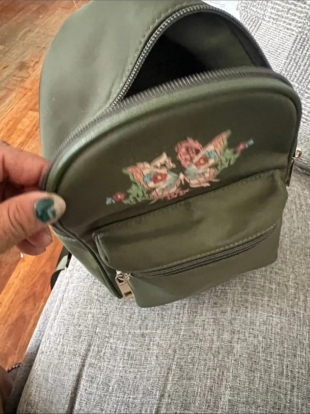 Olive Green Mini Backpack with Floral Butterfly Motif